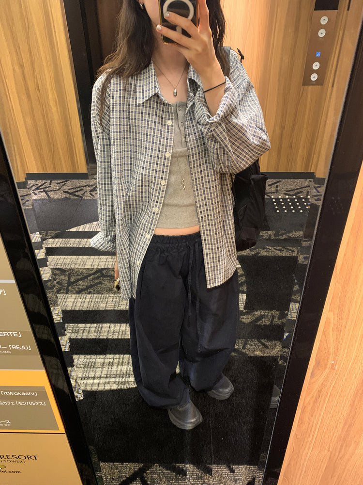復古撞色格紋寬鬆襯衫