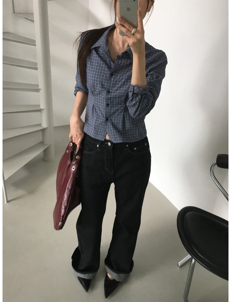 翻領格紋修腰細節襯衫
