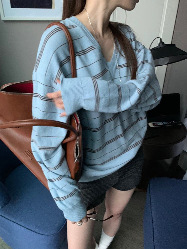 美色V領條紋針織衫