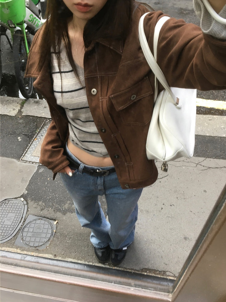 翻領明線細節麂皮外套