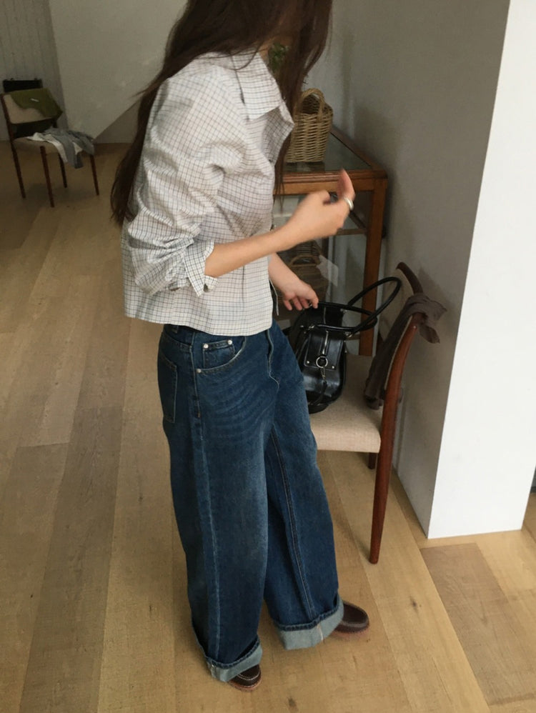 翻領格紋修腰細節襯衫
