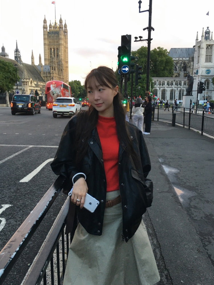 卷邊立領修身針織上衣