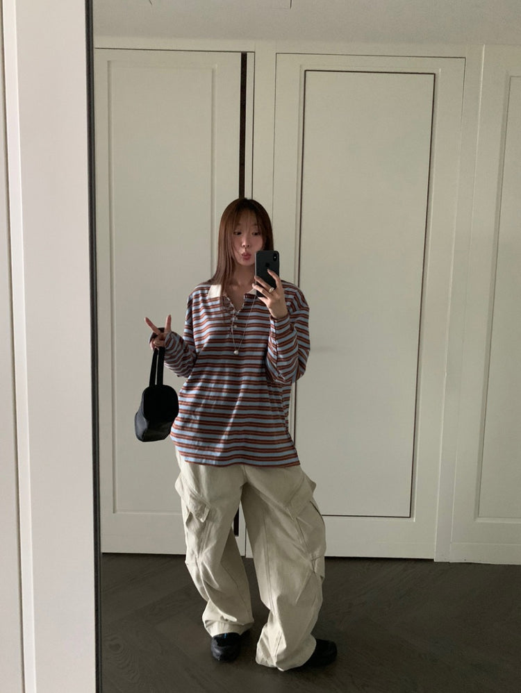 翻領條紋背面數字寬鬆上衣