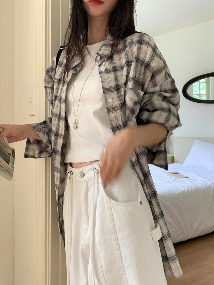輕薄格紋寬鬆襯衫