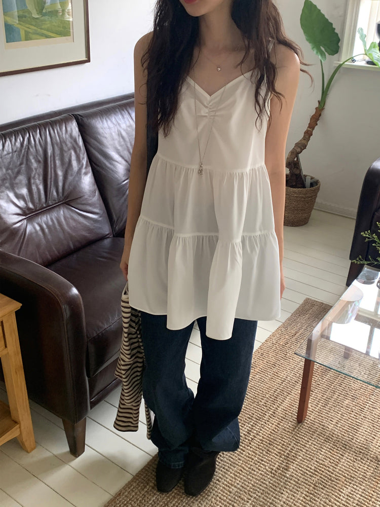 V領抽皺細節層次連身裙
