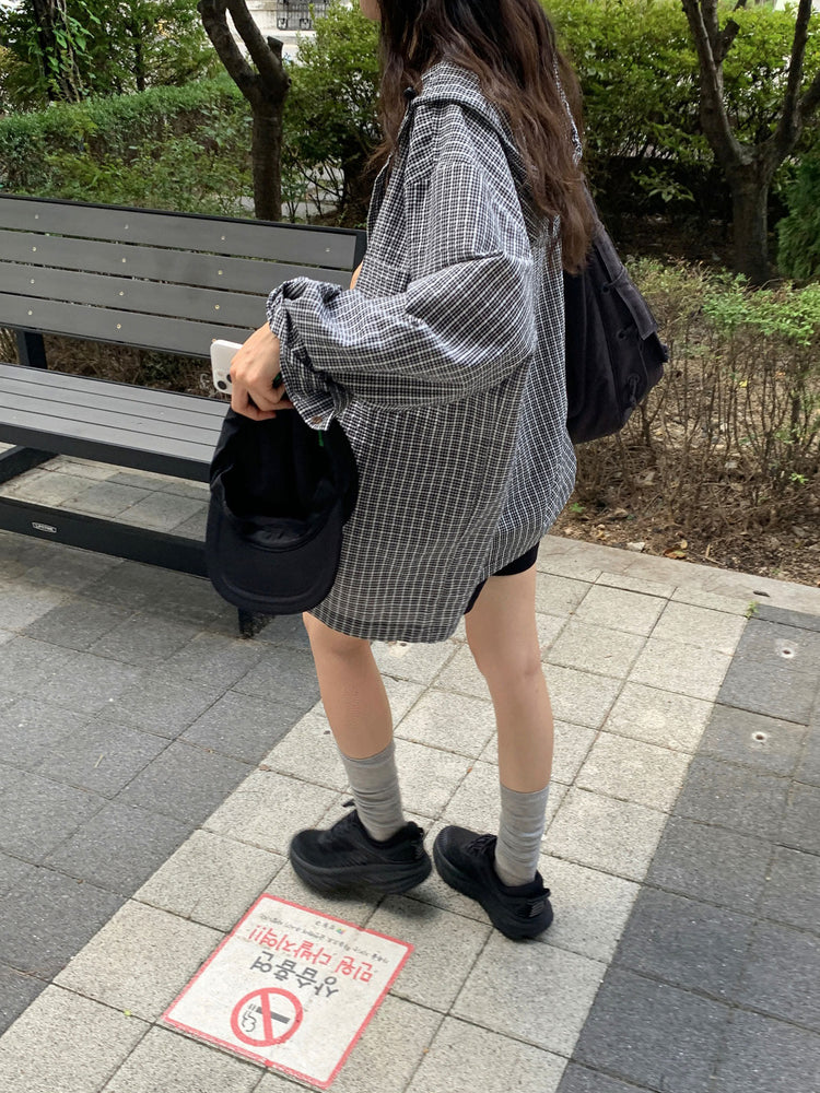 輕薄連帽格紋寬鬆襯衫