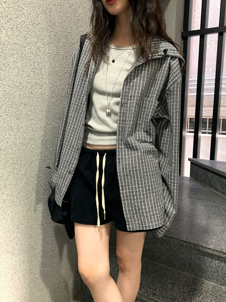 輕薄連帽格紋寬鬆襯衫