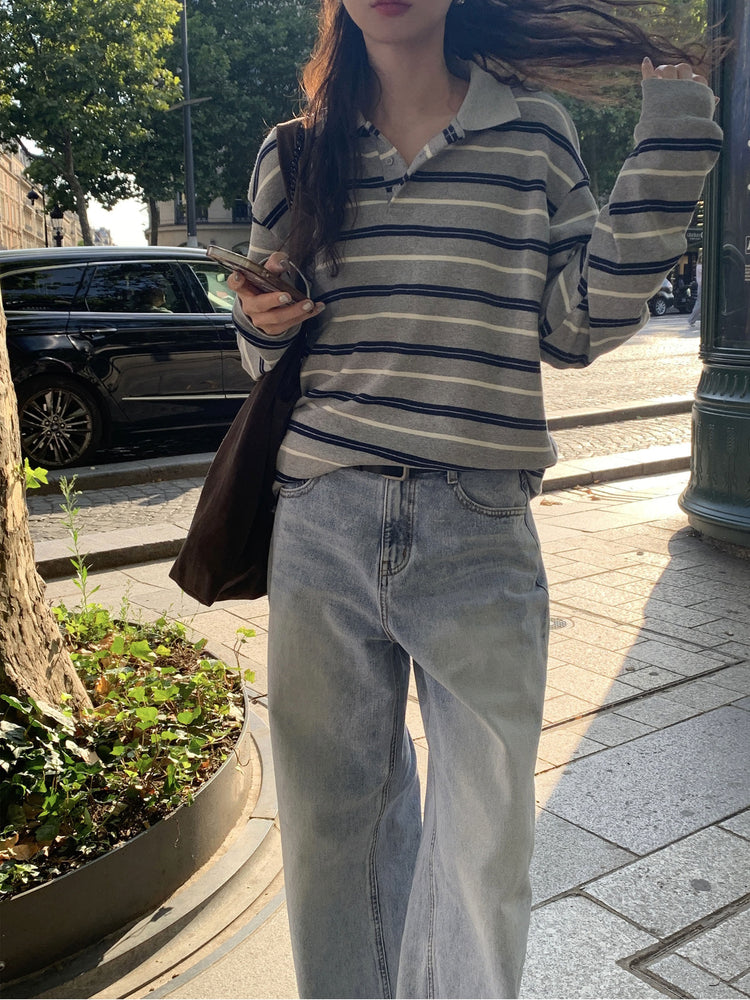 翻領撞色條紋寬鬆上衣
