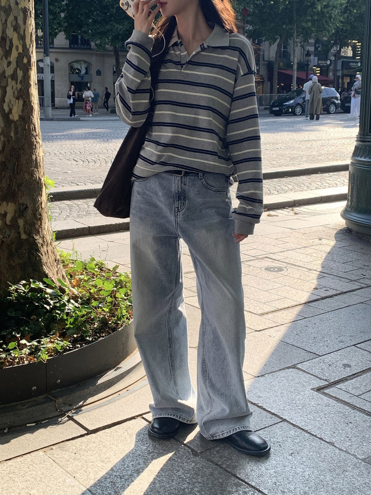 翻領撞色條紋寬鬆上衣