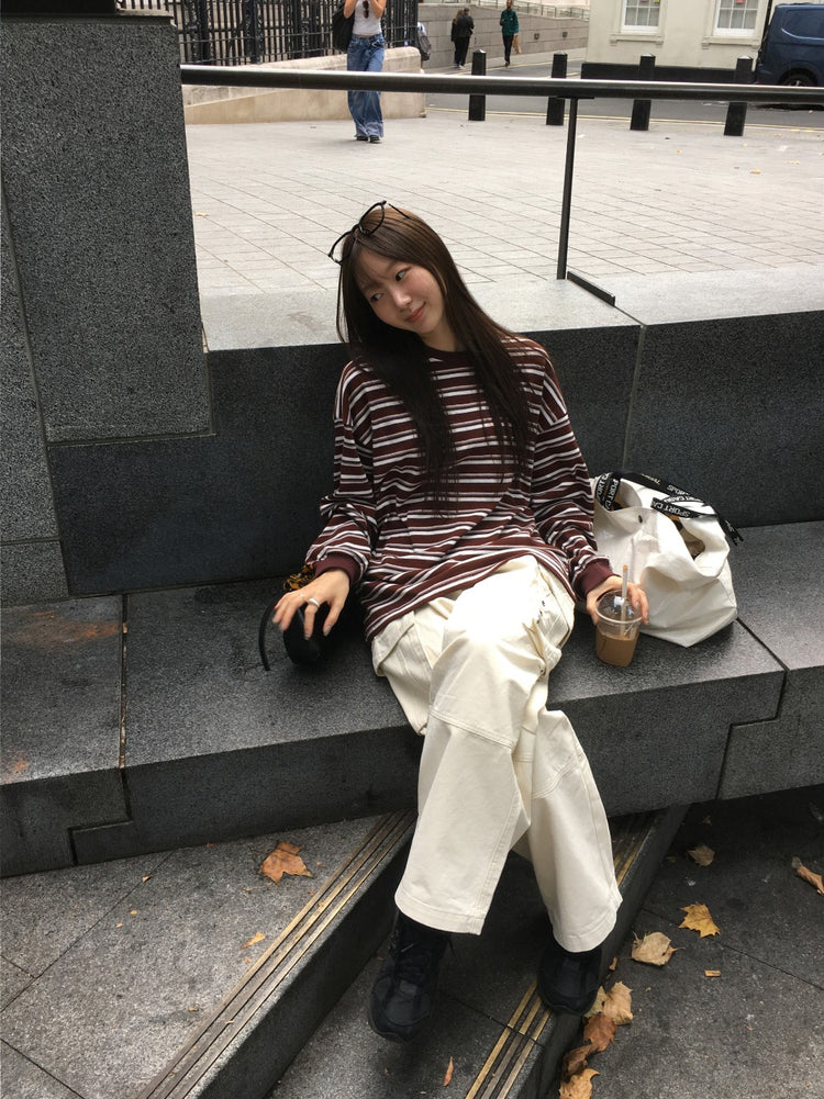 美色撞色條紋寬鬆上衣