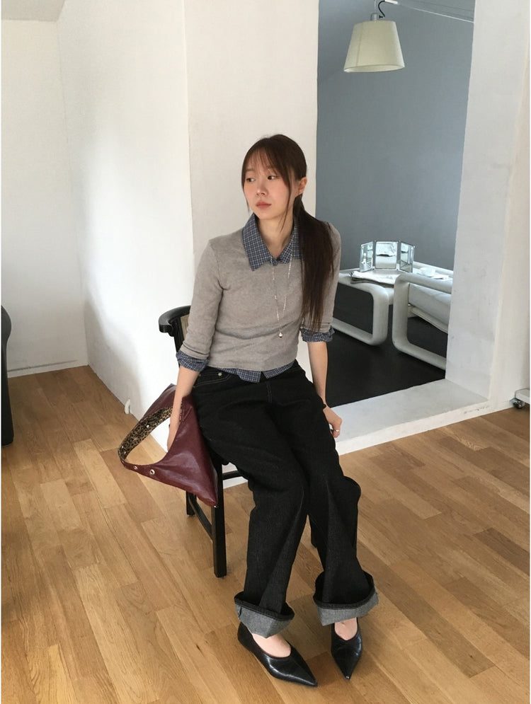 翻領格紋修腰細節襯衫