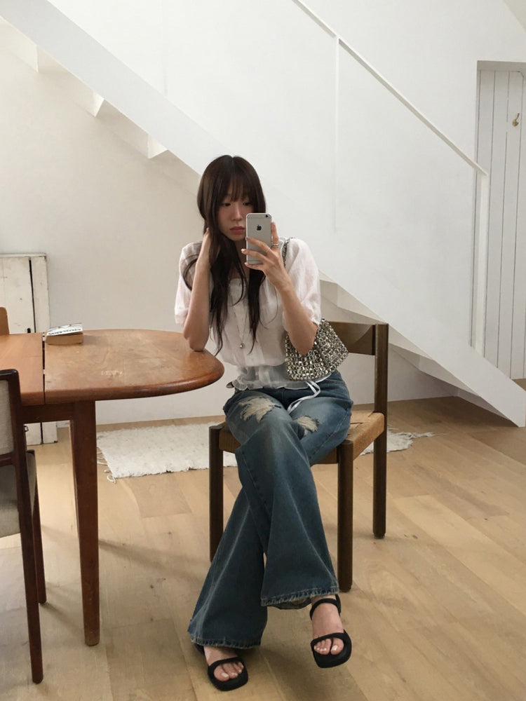微透膚兩穿綁帶修腰上衣