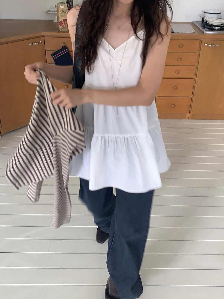 V領抽皺細節層次連身裙