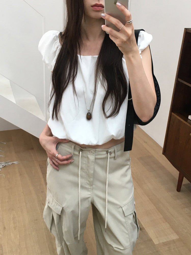 泡泡袖美背系帶上衣