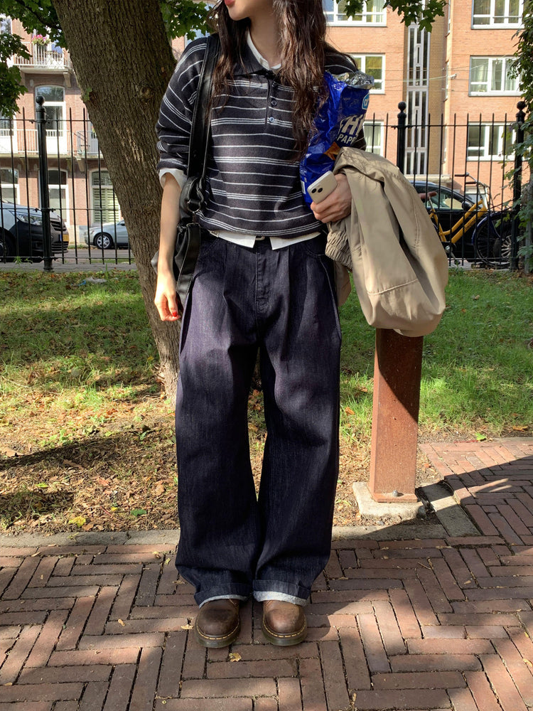 翻領撞色條紋針織衫