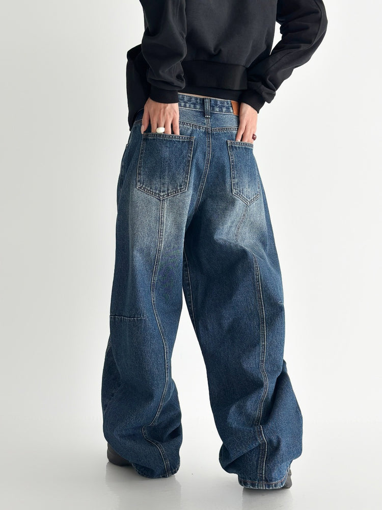 弧形側壓線廓形牛仔褲