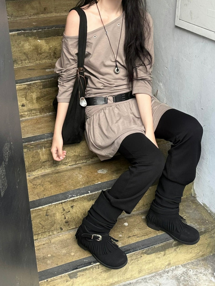 鉚釘扣細節美肩抓皺修腰連身裙