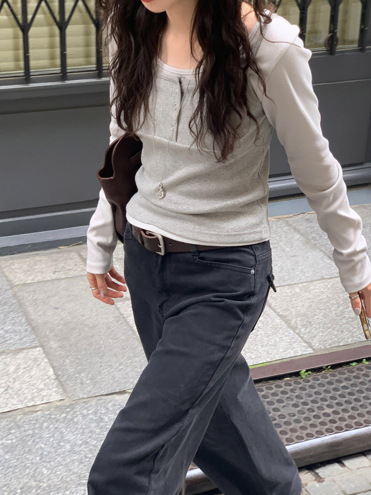 美色背口袋細節直褲