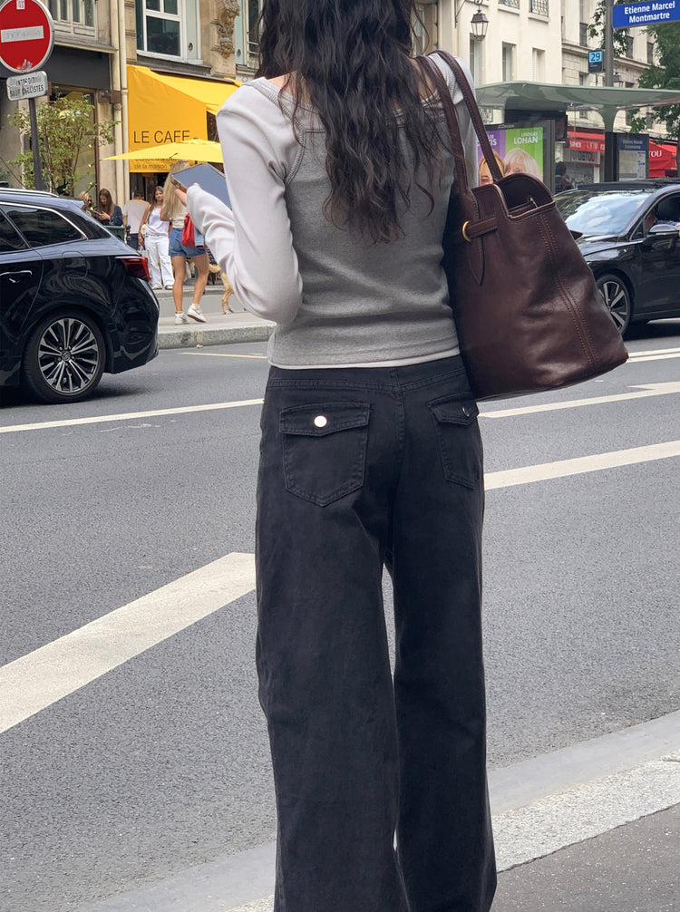 美色背口袋細節直褲