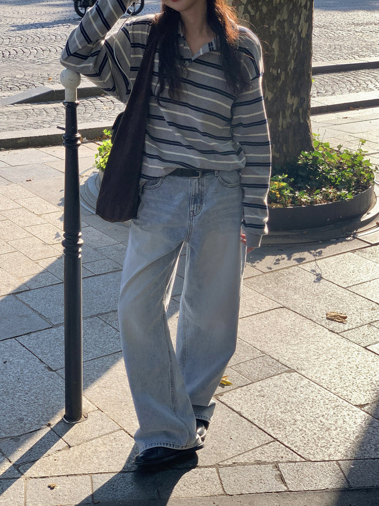 翻領撞色條紋寬鬆上衣