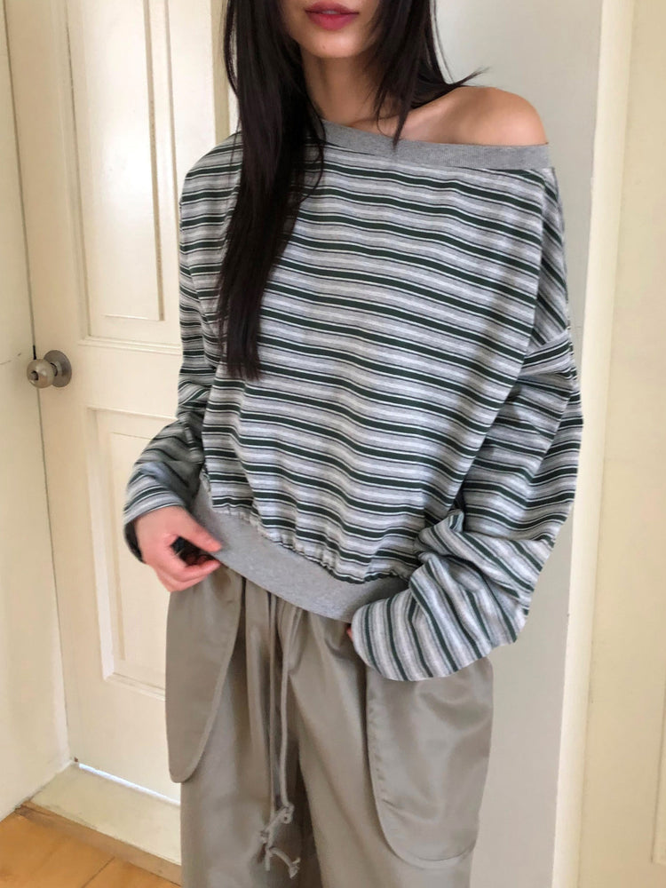 美肩條紋細節束口上衣