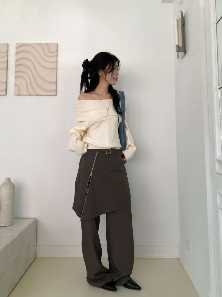 美肩下擺扣鈕細節針織上衣