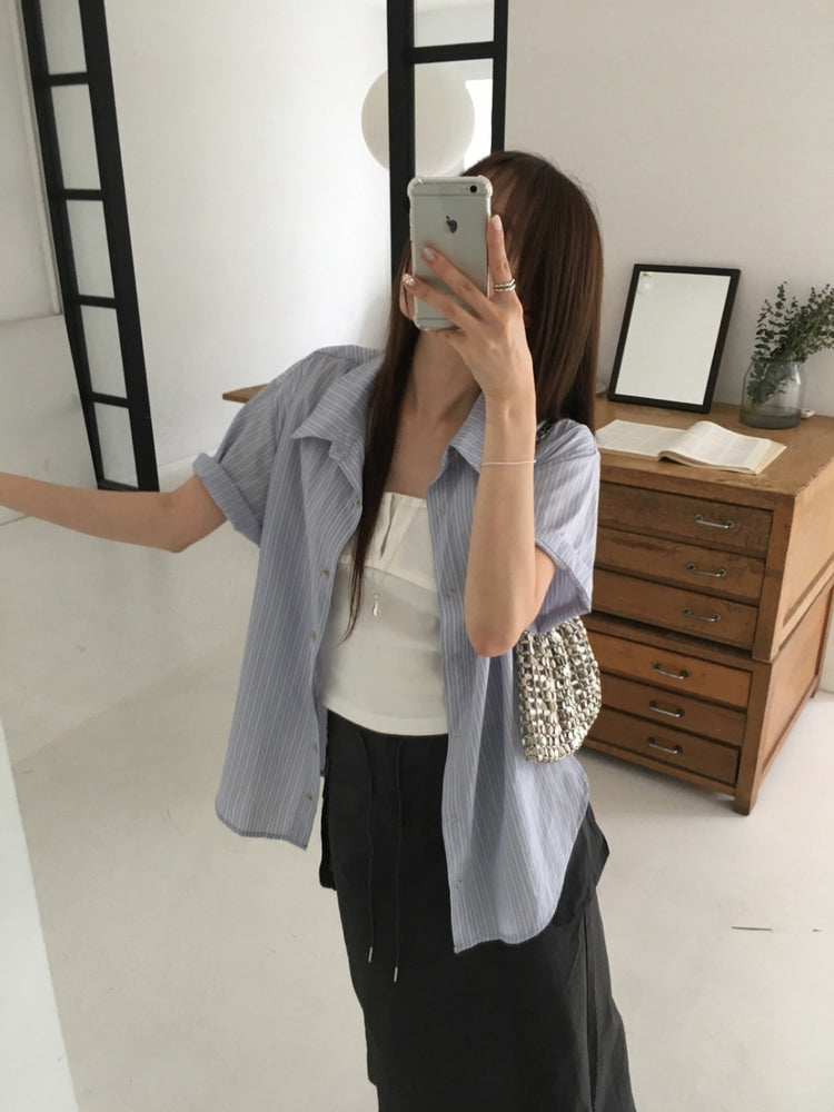 條紋翻領寬鬆襯衫