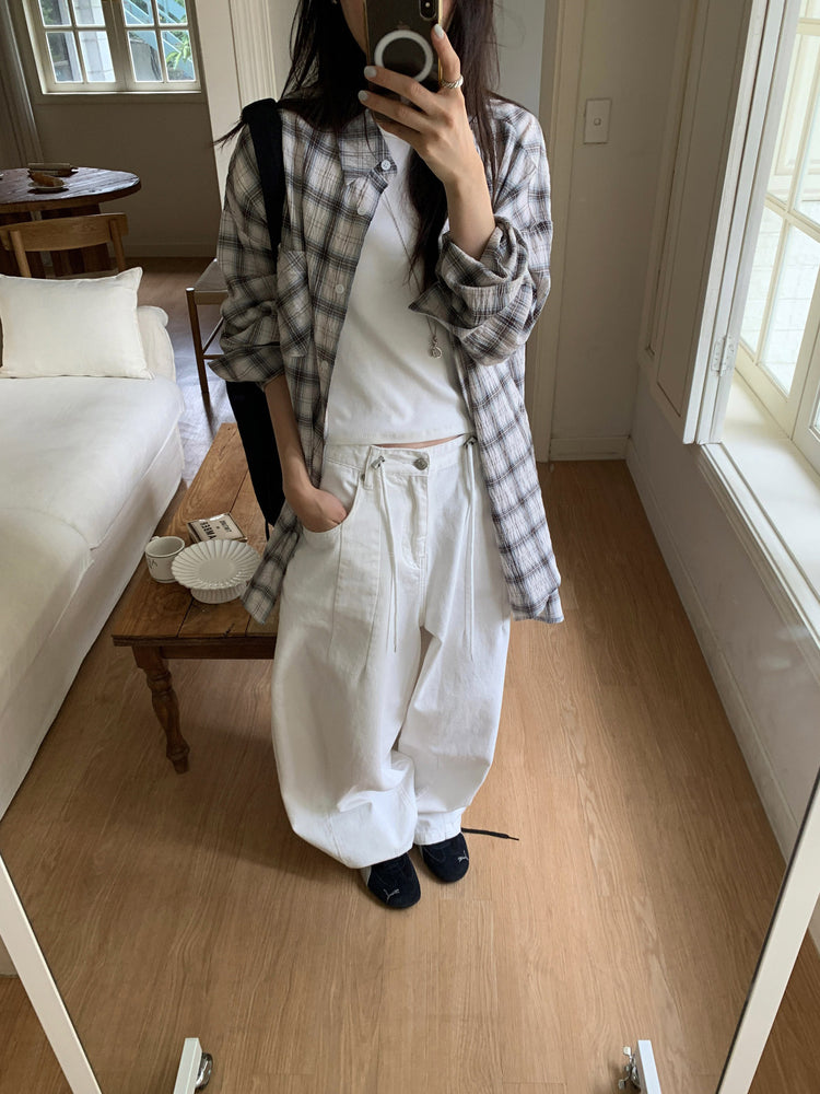 輕薄格紋寬鬆襯衫