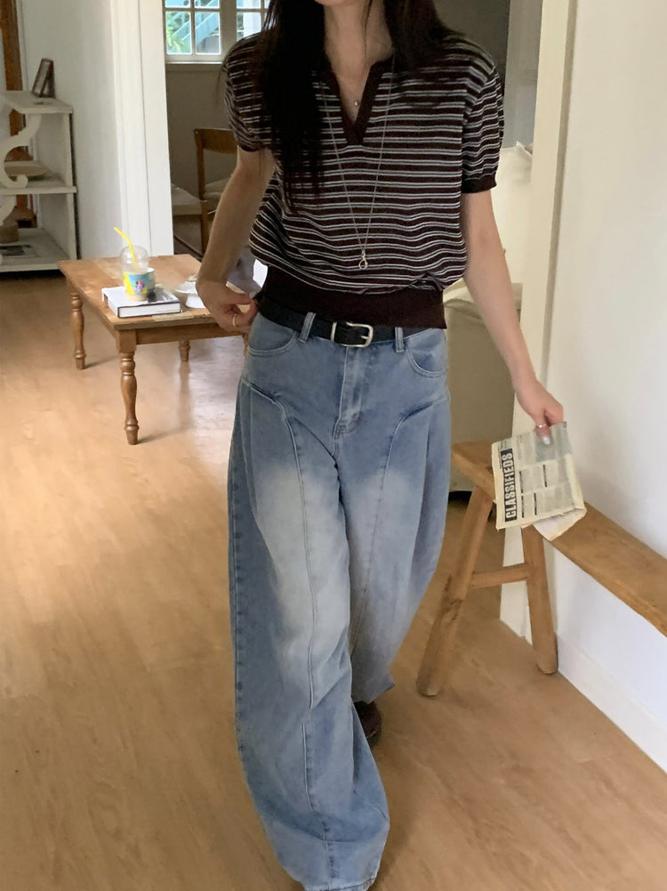 翻領條紋修腰細節上衣