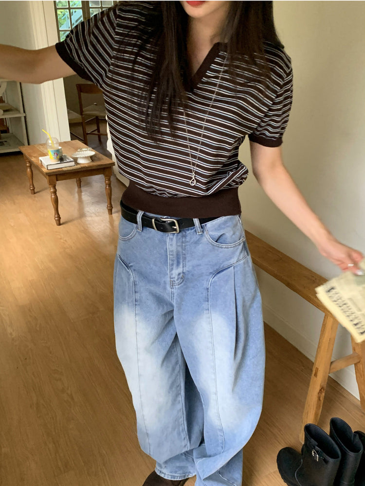 翻領條紋修腰細節上衣