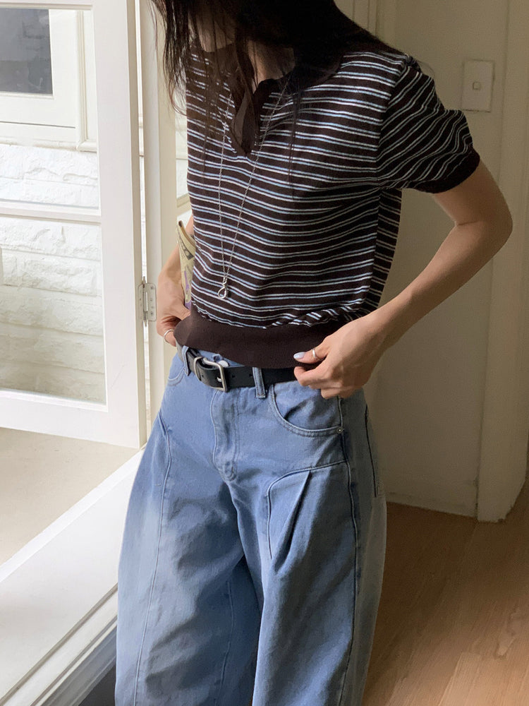 翻領條紋修腰細節上衣