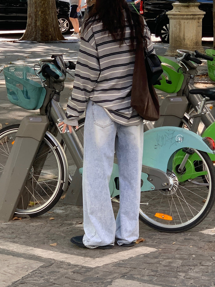 翻領撞色條紋寬鬆上衣