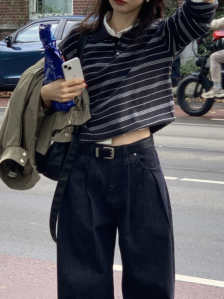翻領撞色條紋針織衫