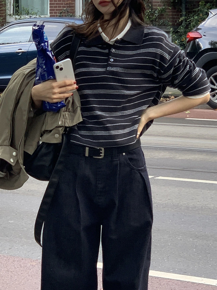 翻領撞色條紋針織衫