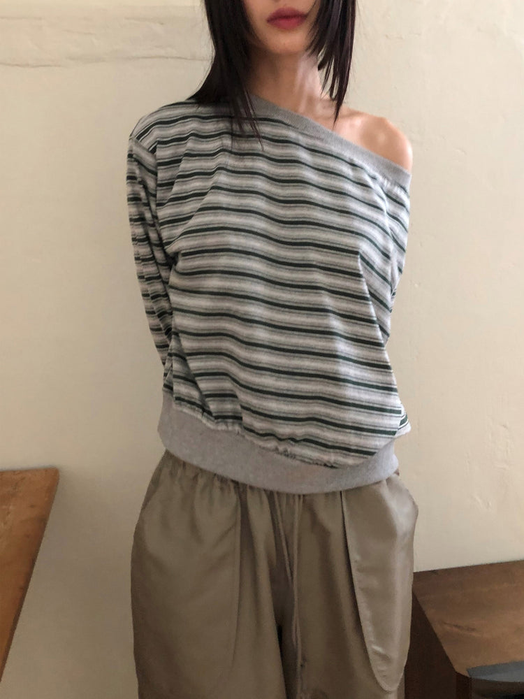 美肩條紋細節束口上衣