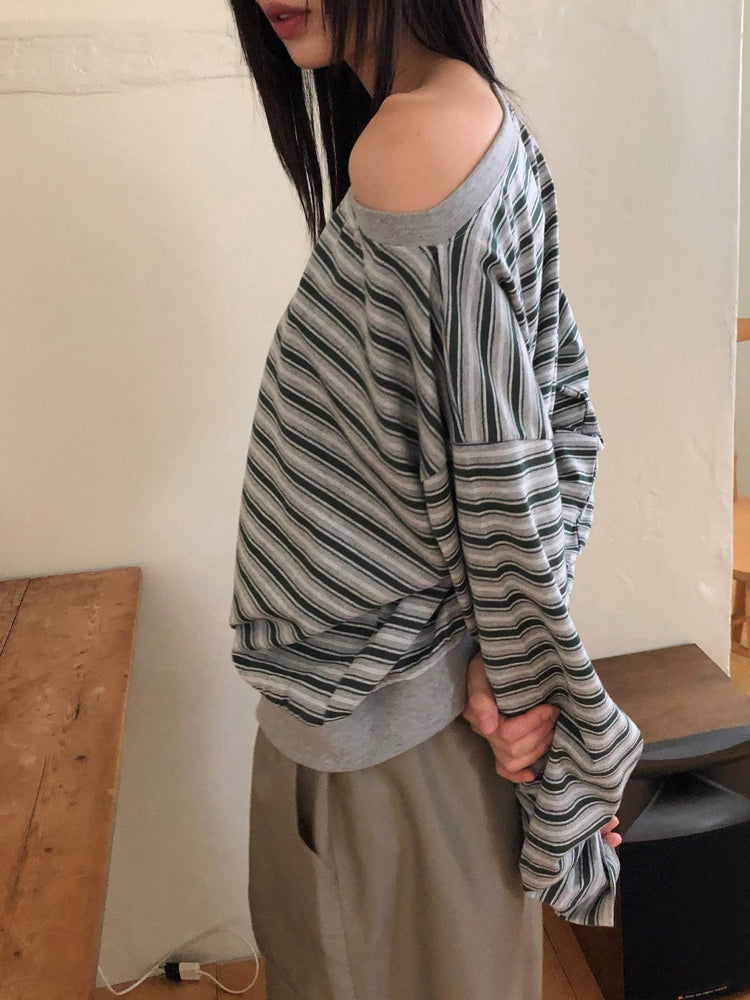 美肩條紋細節束口上衣