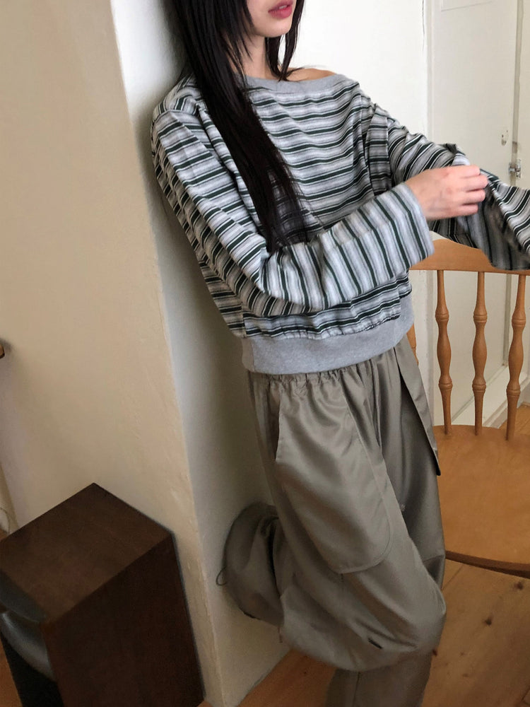 美肩條紋細節束口上衣