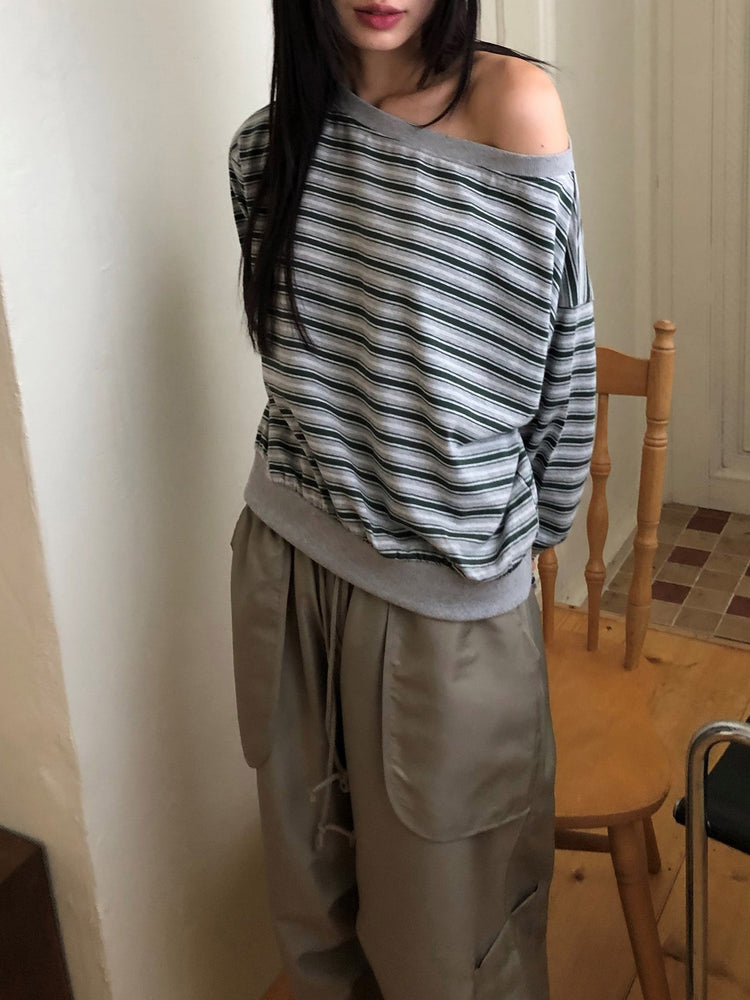 美肩條紋細節束口上衣