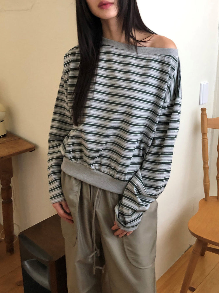 美肩條紋細節束口上衣