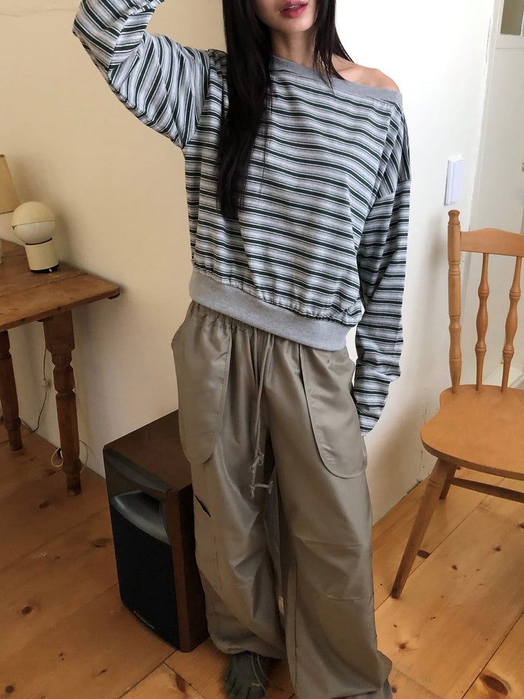 美肩條紋細節束口上衣