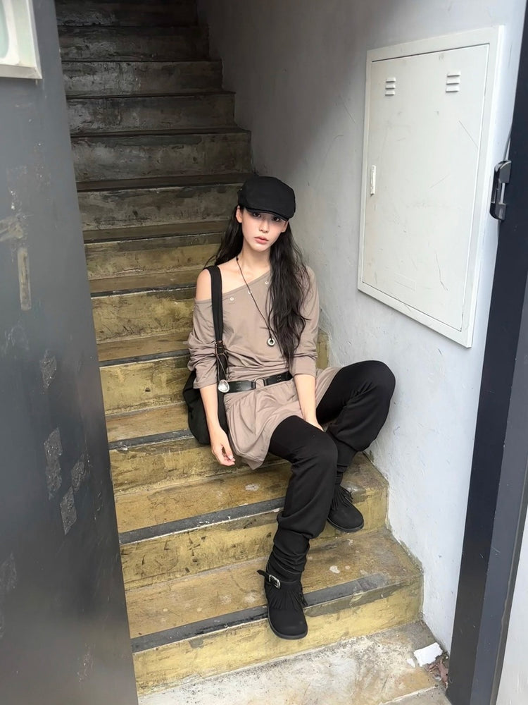 鉚釘扣細節美肩抓皺修腰連身裙