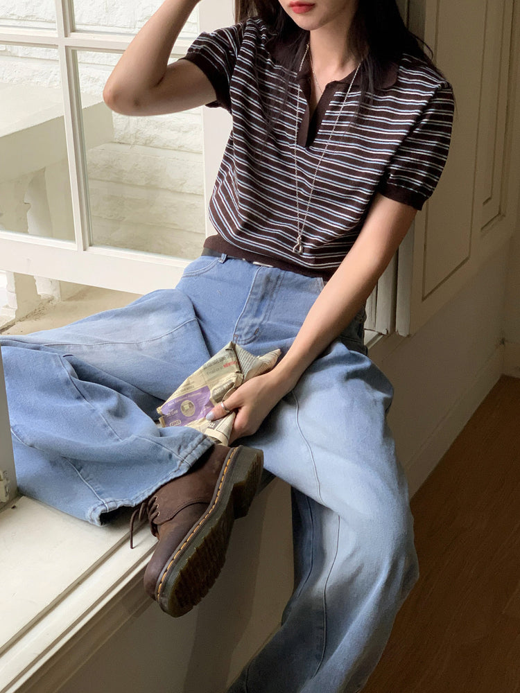 翻領條紋修腰細節上衣