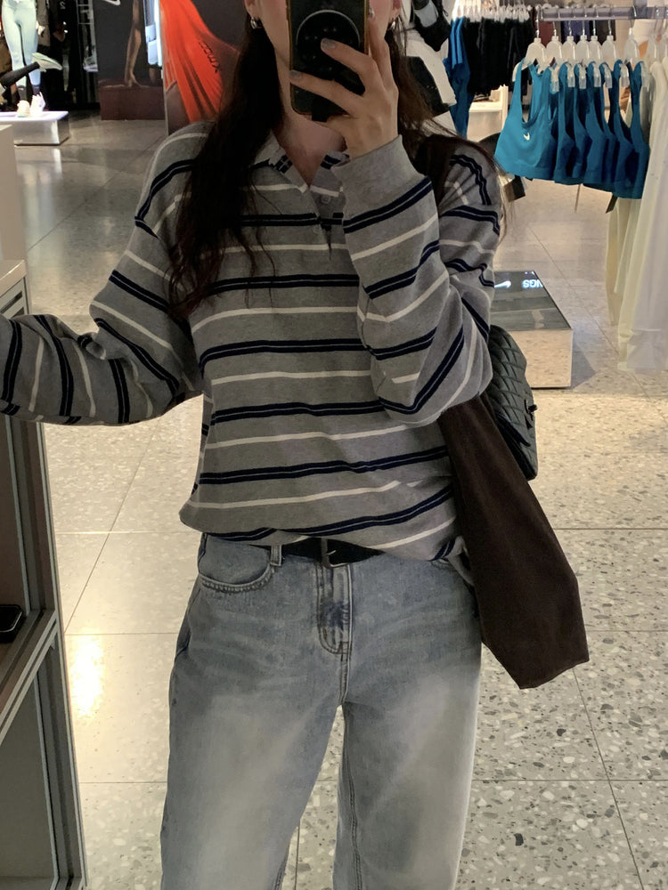 翻領撞色條紋寬鬆上衣
