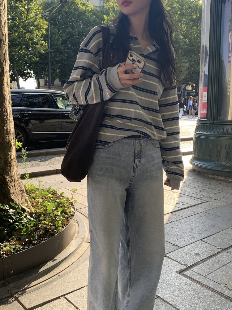 翻領撞色條紋寬鬆上衣