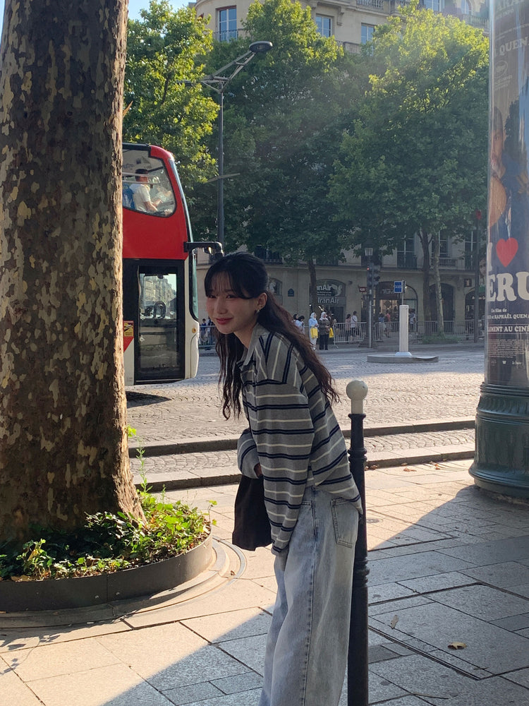 翻領撞色條紋寬鬆上衣