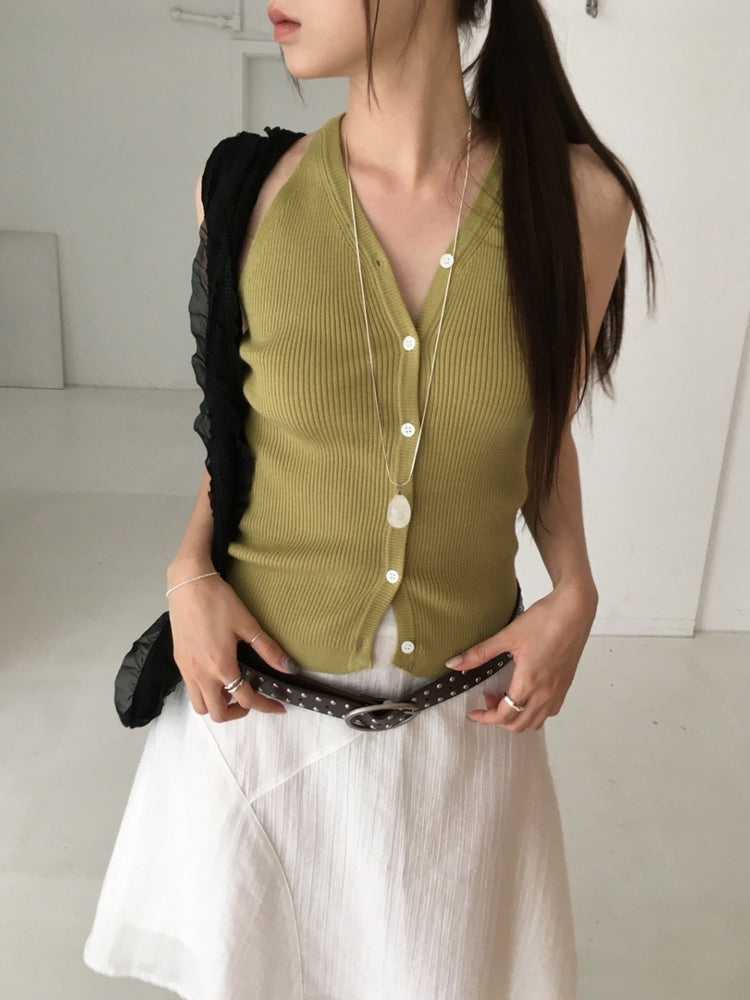 美色V領排鈕修身針織上衣