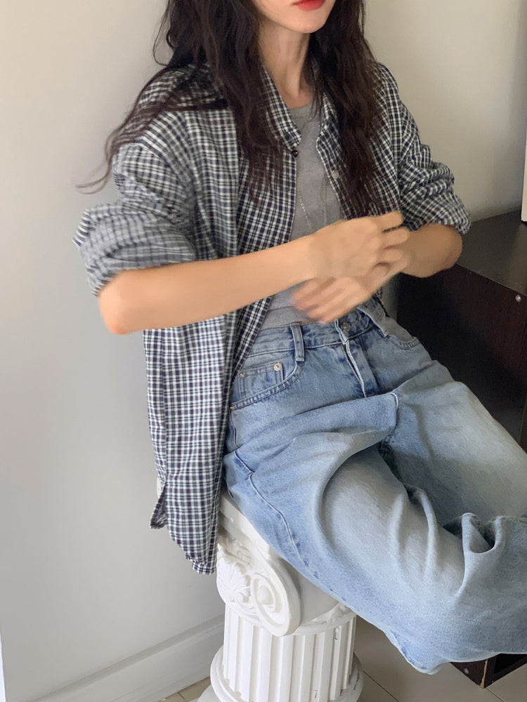 復古撞色格紋寬鬆襯衫