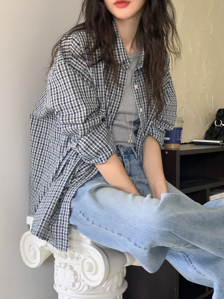 復古撞色格紋寬鬆襯衫