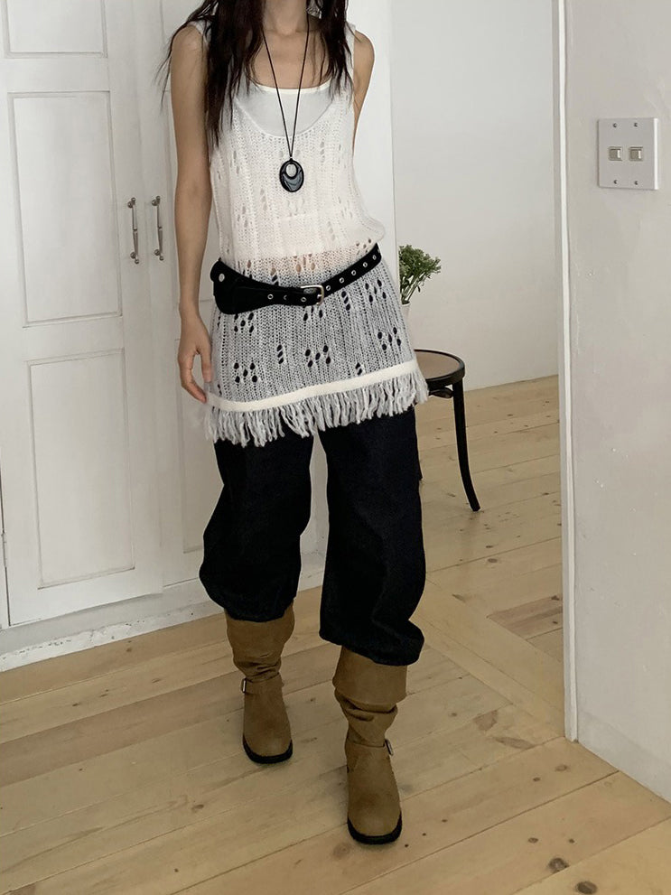 透膚縷空流蘇細節針織背心