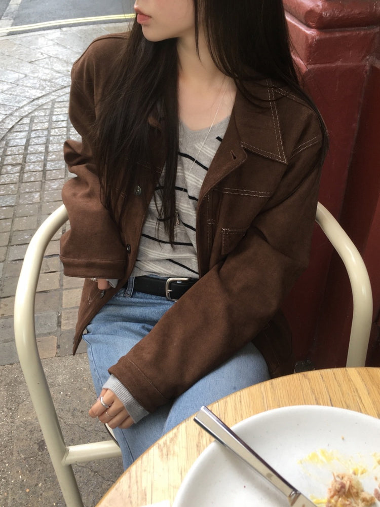 翻領明線細節麂皮外套